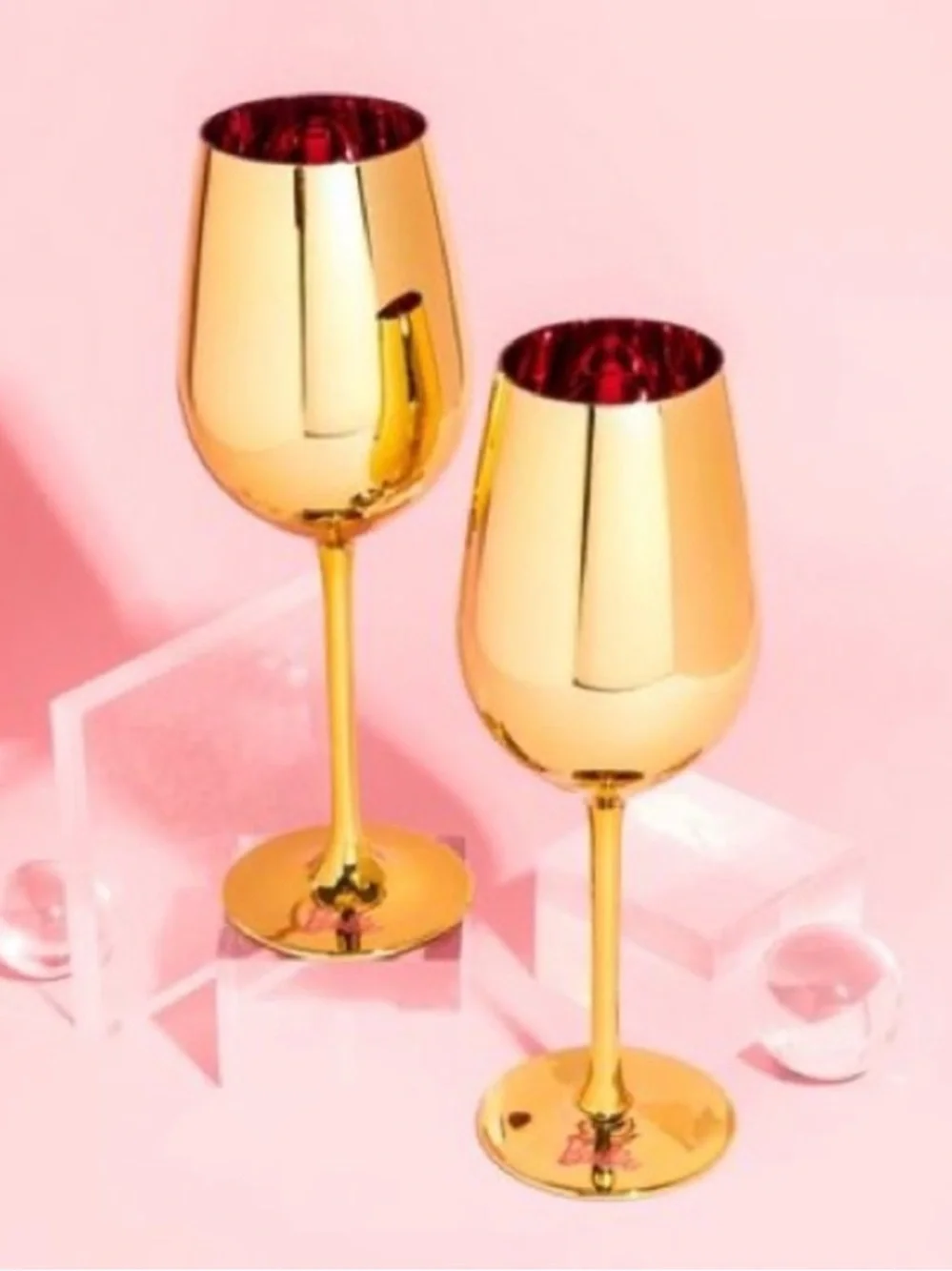 Barbie Dreamhouse 60th Gold & Pink Stemmed Wine Glasses Pair